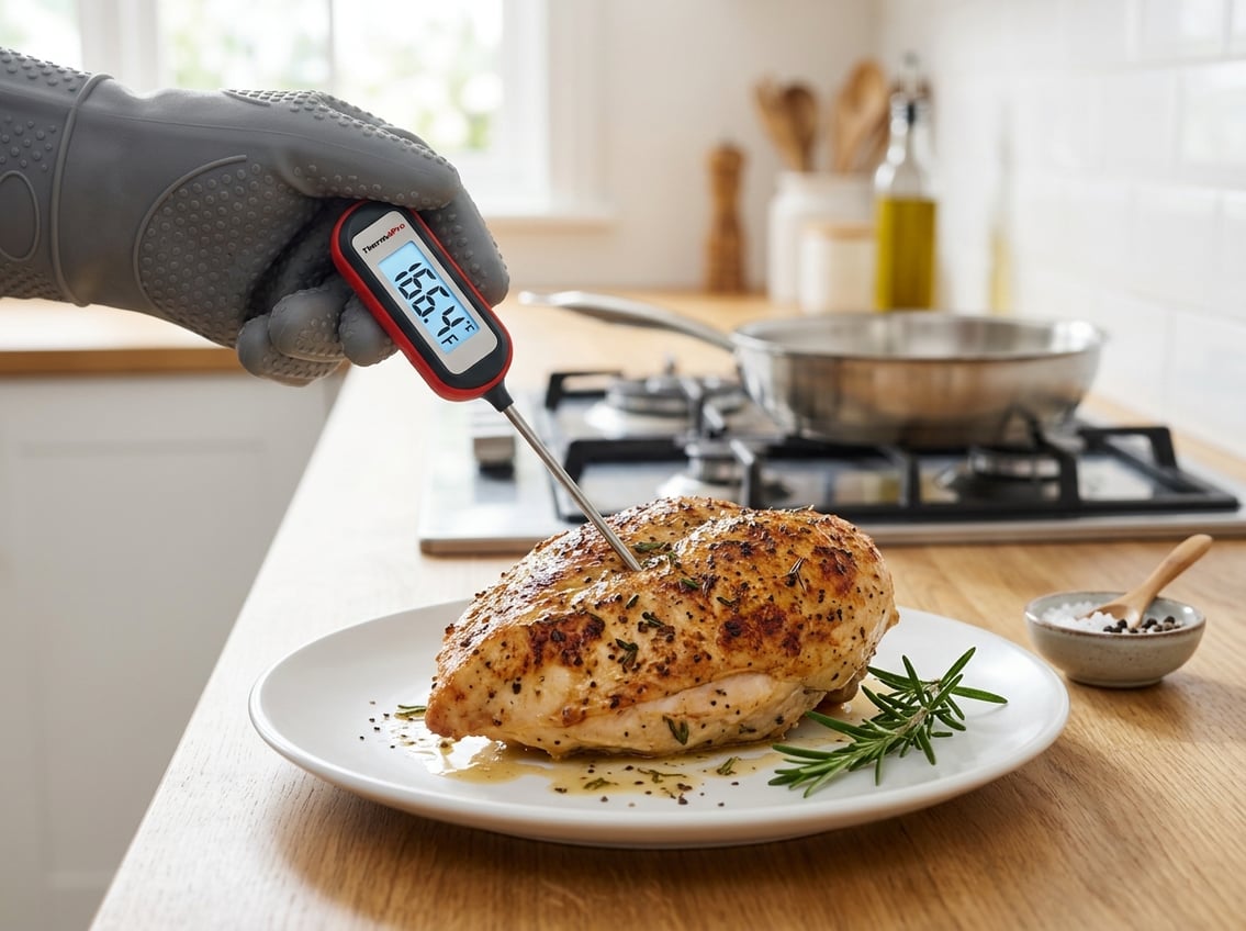 Close-up of a hand using a digital meat thermometer to check the temperature of a cooked chicken breast on a white plate in a kitchen.