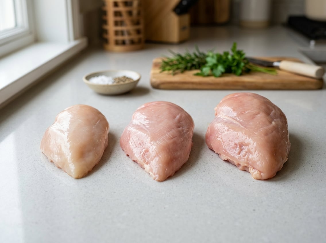 Three raw chicken breasts displayed on a kitchen countertop with fresh herbs and seasoning in the background.