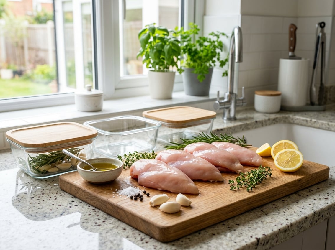 Raw chicken breasts on a cutting board with fresh herbs, lemon slices, and glass containers on a kitchen countertop.