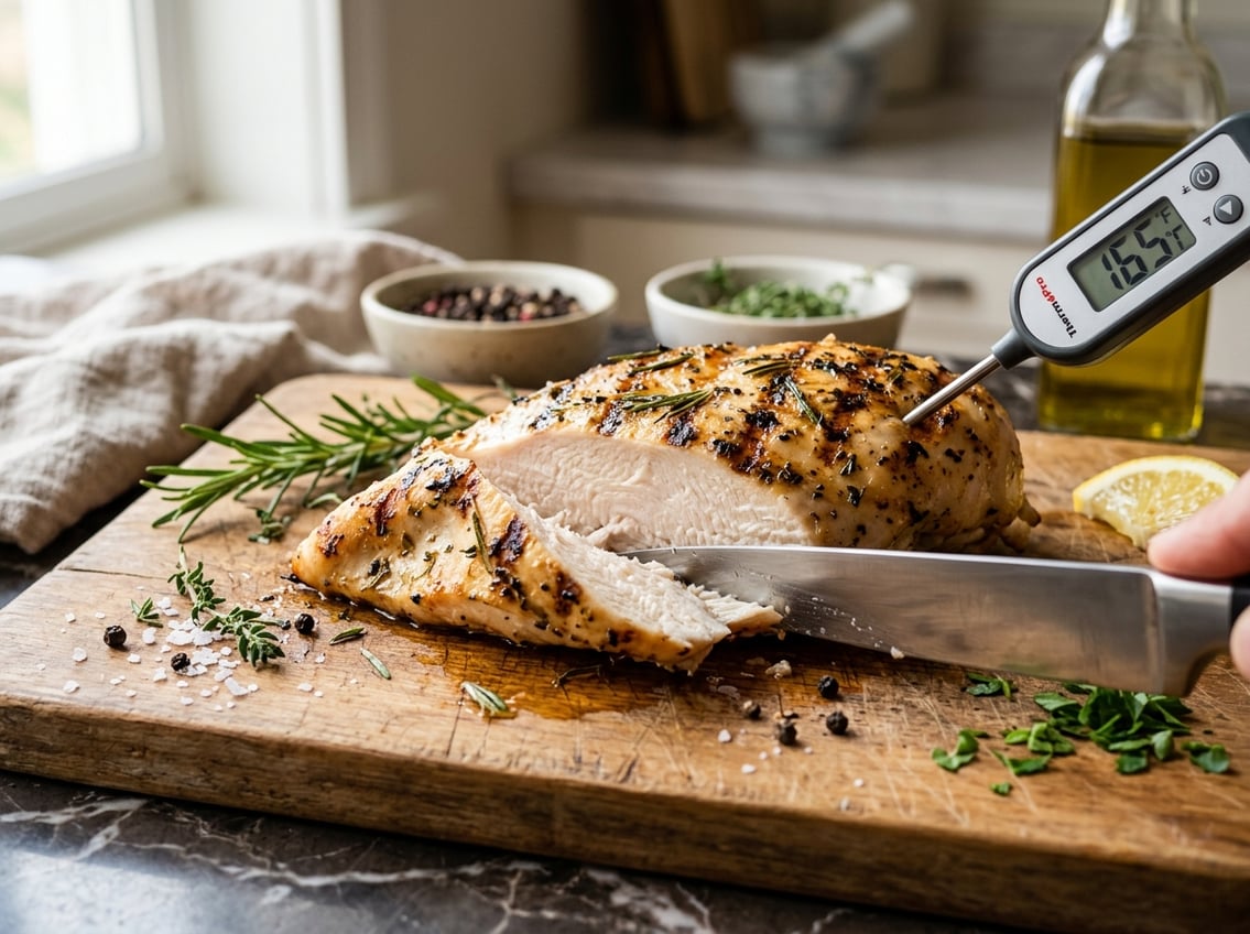Close-up of a cooked chicken breast on a cutting board with a knife slicing through it and a meat thermometer inserted, surrounded by fresh herbs.