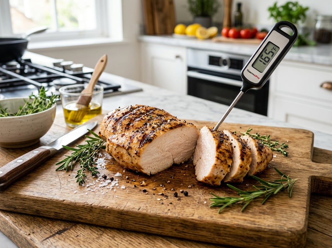 Close-up of a sliced cooked chicken breast on a cutting board with a meat thermometer inserted and fresh herbs nearby.