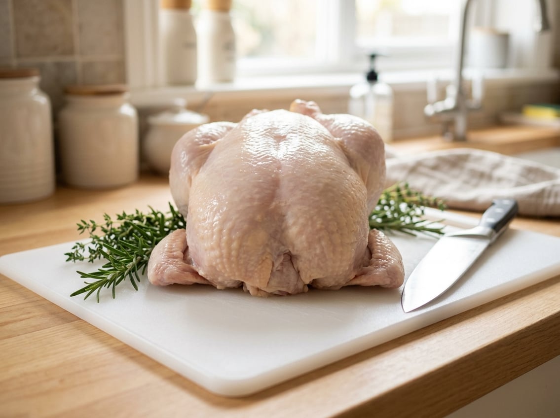 A whole raw chicken on a white cutting board with its breast area clearly visible, surrounded by fresh herbs and a kitchen knife.
