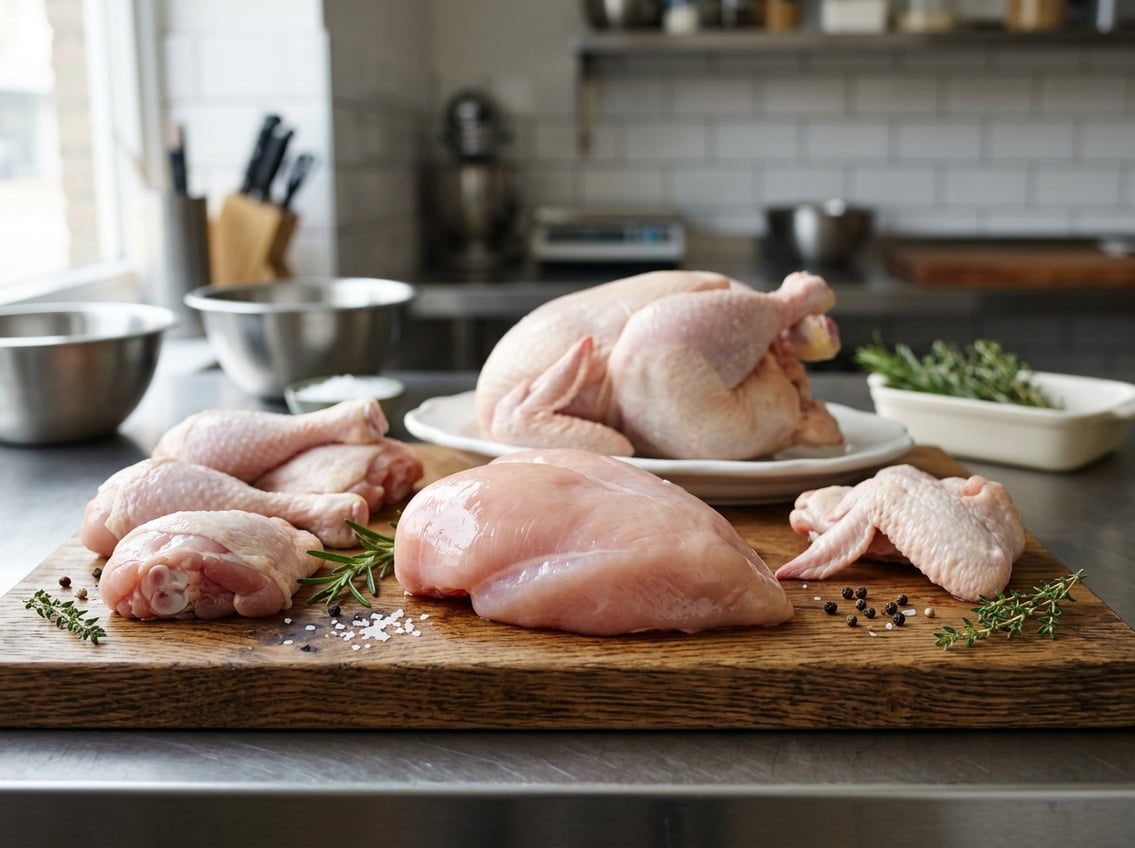 A raw chicken breast displayed on a wooden cutting board with other chicken parts like drumsticks and wings arranged around it on a kitchen counter.