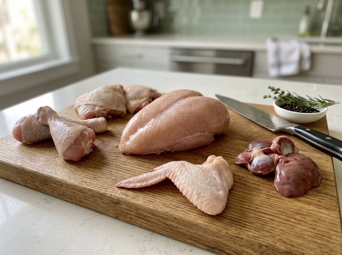 Raw chicken breast and other chicken parts arranged on a wooden cutting board in a kitchen setting.