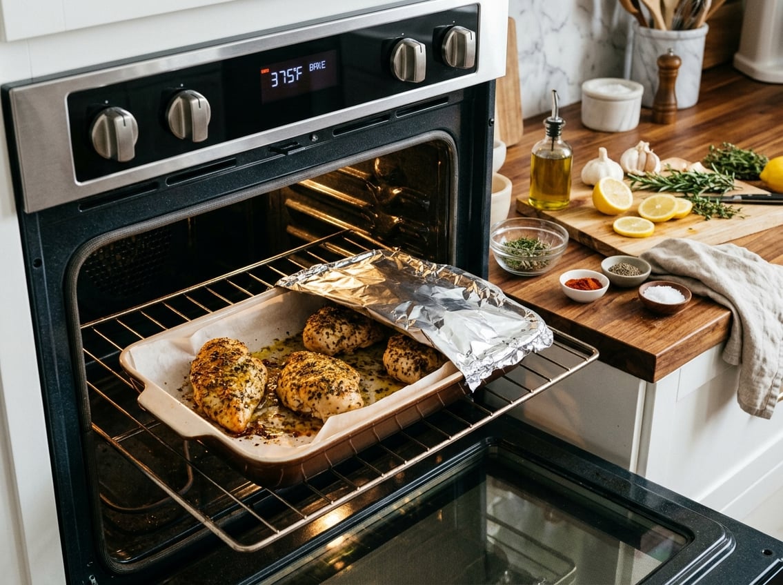 A kitchen scene showing chicken breasts baking in an oven, some covered with foil and some uncovered, with fresh ingredients on the countertop nearby.