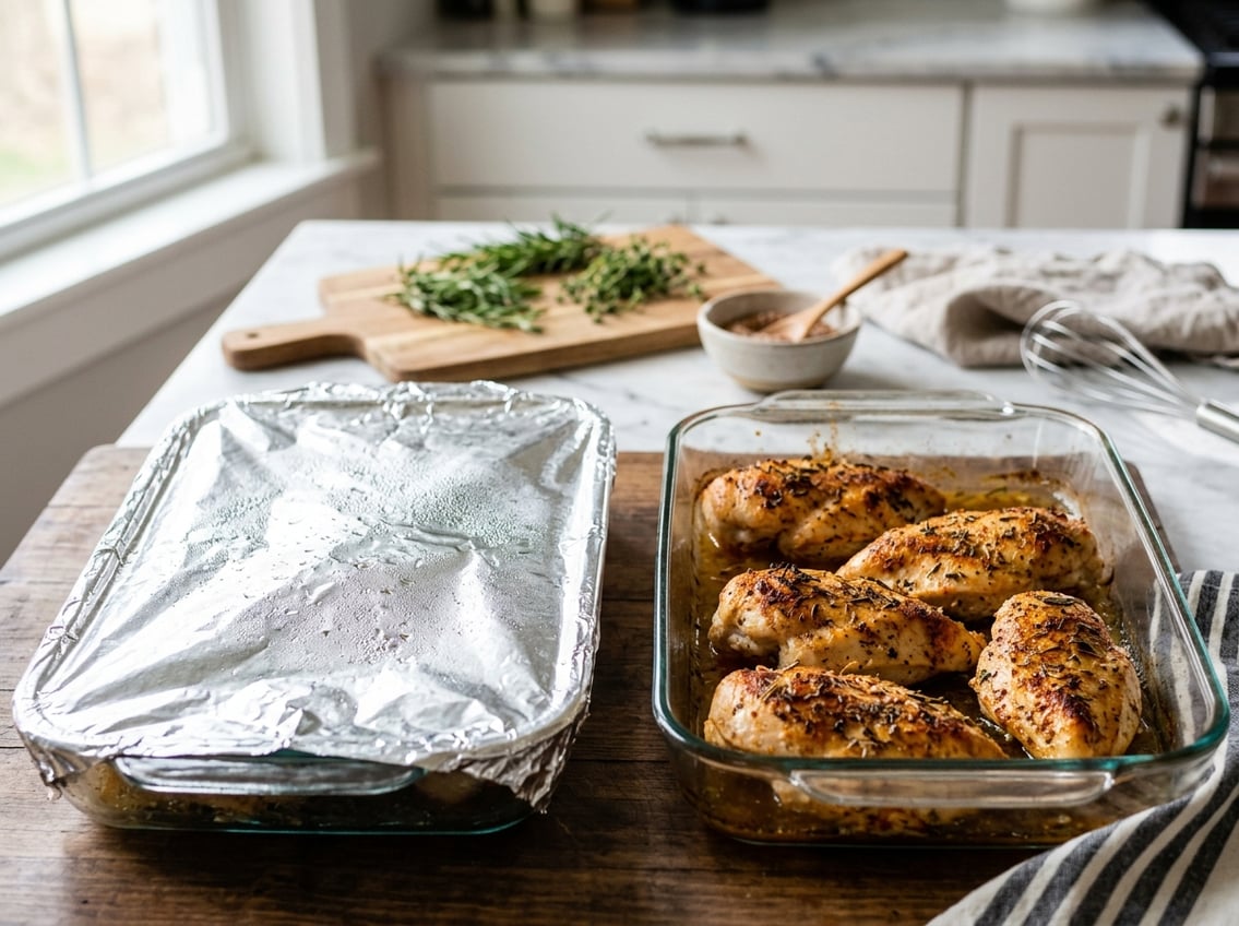 Two glass baking dishes on a kitchen counter, one with covered chicken breasts and the other with uncovered baked chicken breasts, surrounded by kitchen utensils and fresh herbs.