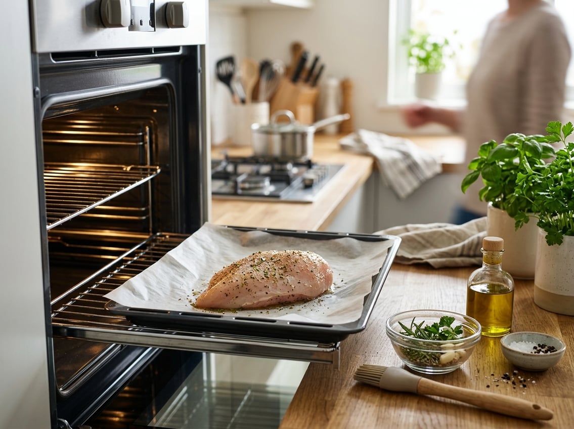 Close-up of a raw chicken breast on a baking tray inside an oven with herbs, spices, and kitchen tools on a countertop nearby.