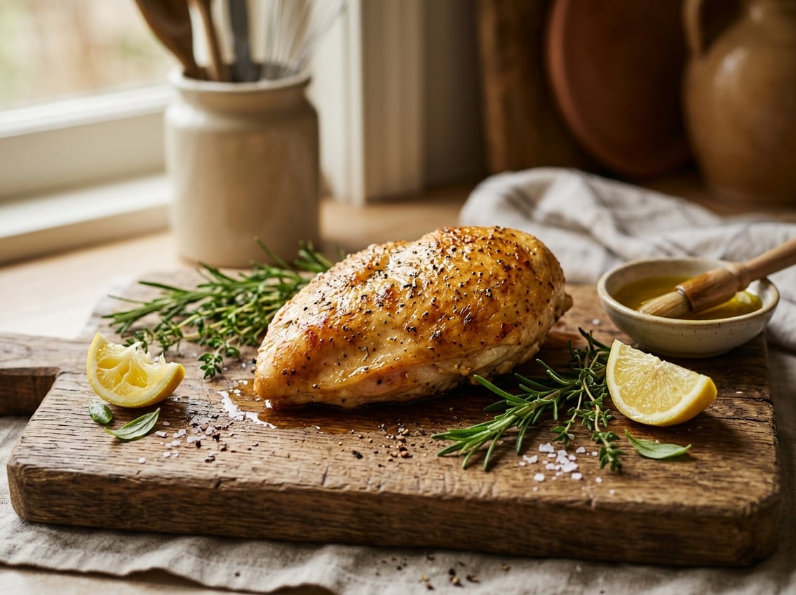 A cooked chicken breast on a wooden cutting board with fresh herbs, lemon wedges, and olive oil nearby.