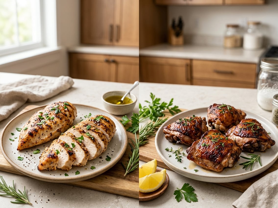 Two plates on a kitchen countertop, one with cooked chicken breasts and the other with cooked chicken thighs, surrounded by fresh herbs and lemon wedges.