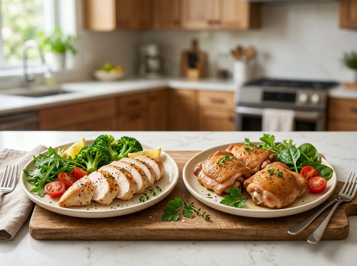 Two plates on a kitchen counter, one with cooked chicken breast slices and the other with cooked chicken thighs, surrounded by fresh vegetables.