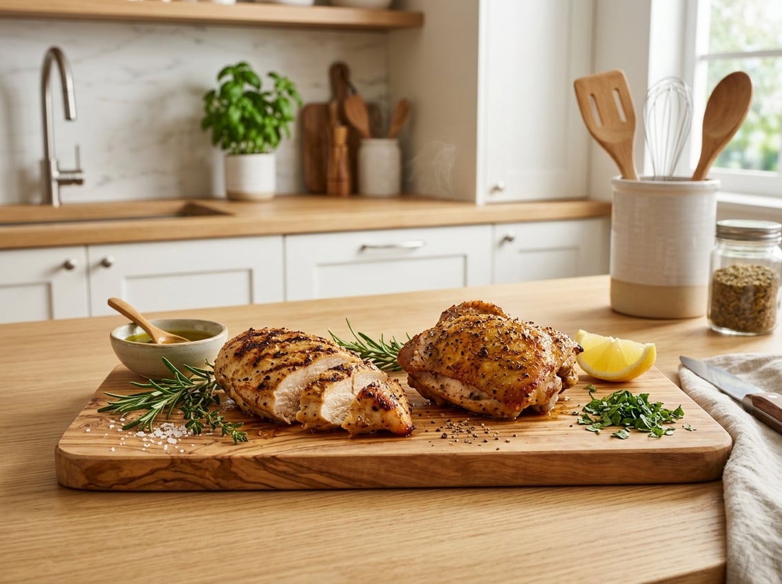 Cooked chicken breast and chicken thigh on a cutting board with fresh herbs and lemon in a kitchen setting.