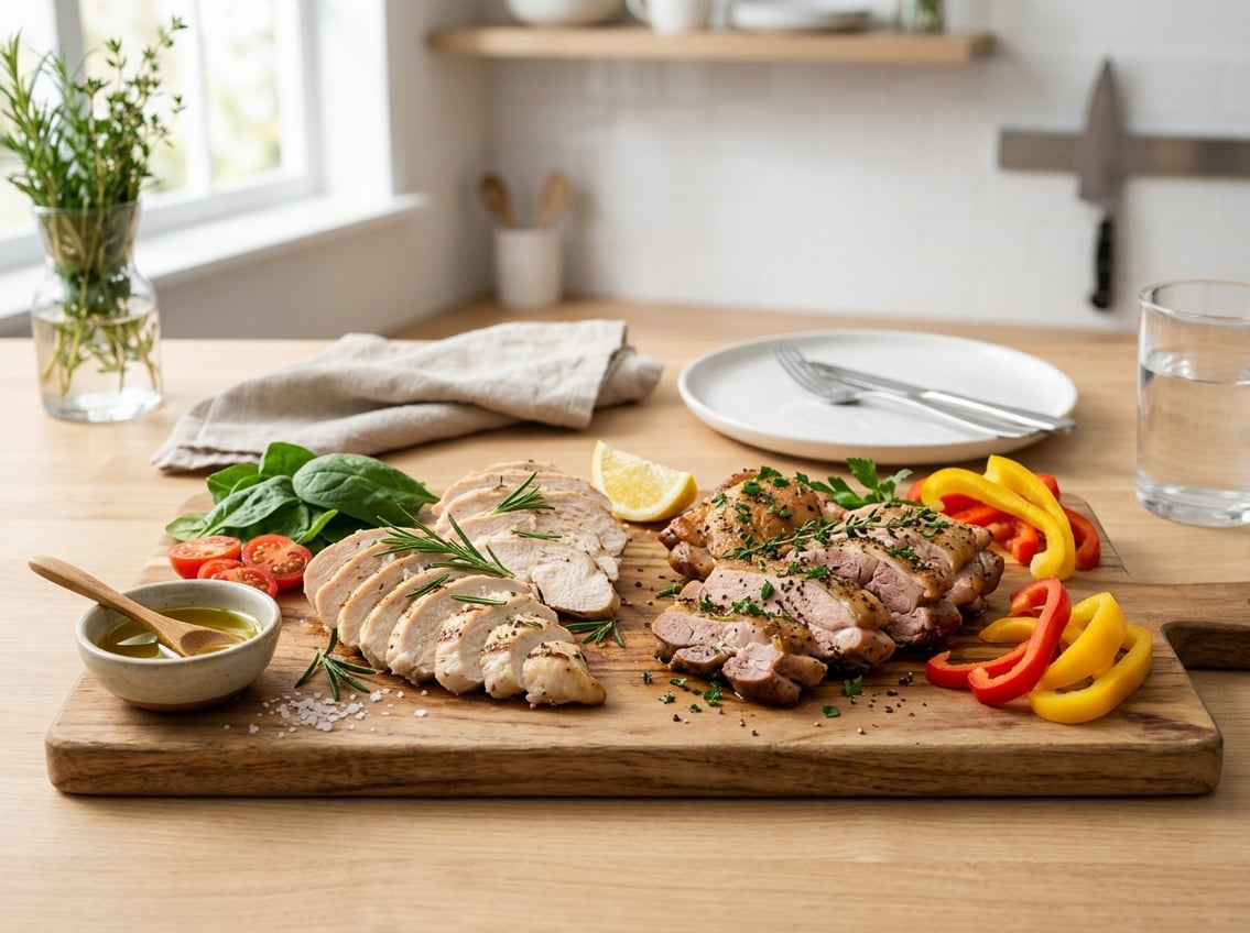 Cooked chicken breast and chicken thigh pieces displayed on a wooden board with fresh vegetables and herbs in a kitchen setting.