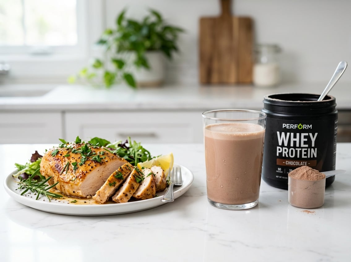 A chicken breast on a plate next to a glass of whey protein shake and an open container of protein powder on a kitchen countertop.