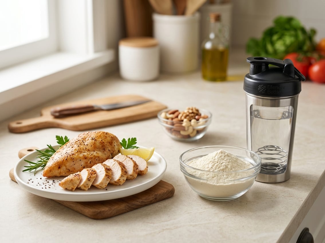 A kitchen countertop displaying a cooked chicken breast on a plate and a bowl of whey protein powder with a shaker bottle, surrounded by herbs and kitchen utensils.