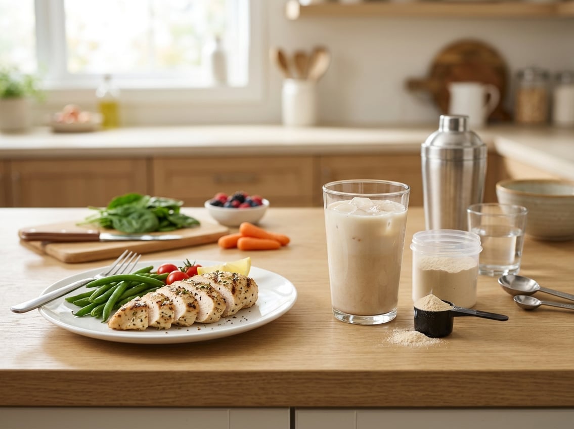 A kitchen countertop with a plate of grilled chicken breast and a glass of whey protein shake with powder and a scoop nearby.