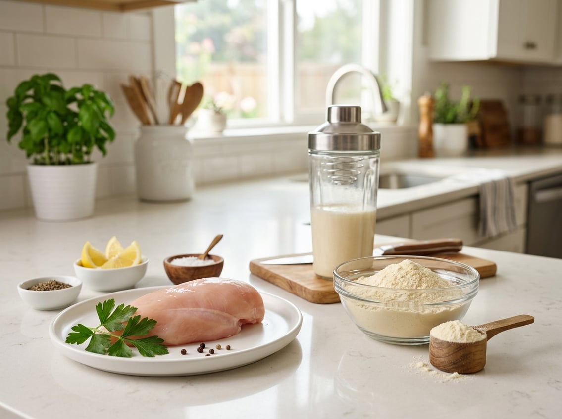 A kitchen countertop with fresh chicken breast on a plate and a bowl of whey protein powder side by side.