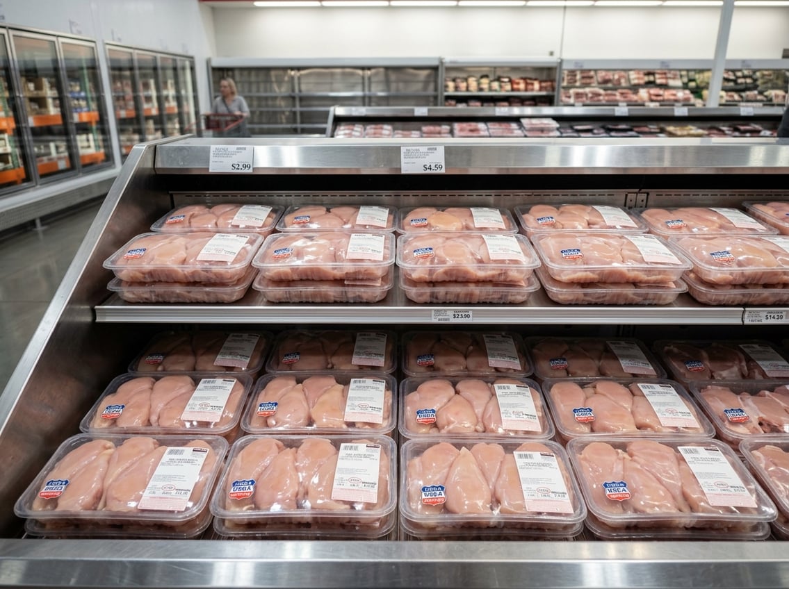 Large quantities of fresh raw chicken breasts neatly packaged and displayed on shelves in a supermarket or warehouse.