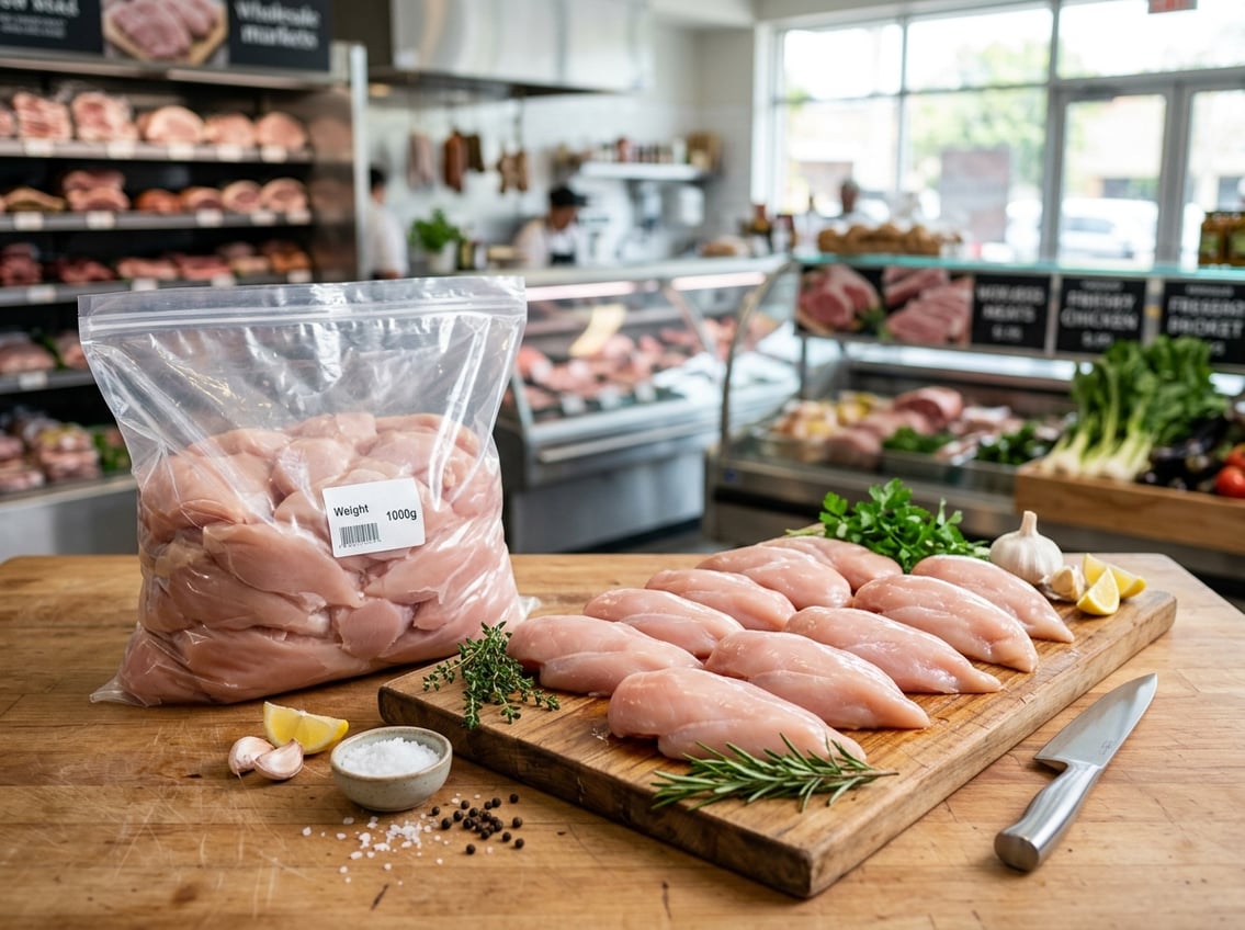 Fresh raw chicken breasts displayed on a wooden cutting board and in bulk packaging in a bright kitchen setting with herbs and spices nearby.