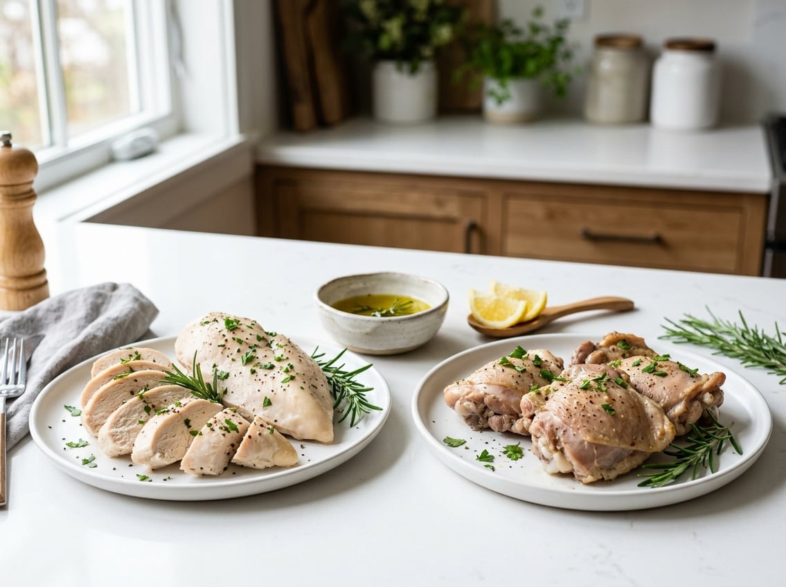 Two plates on a kitchen countertop, one with cooked chicken breasts and the other with cooked chicken thighs, garnished with herbs and lemon wedges.