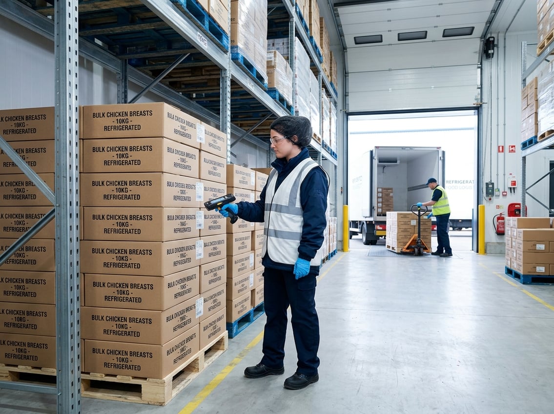 A warehouse with stacks of packaged chicken breasts, workers inspecting products and loading a delivery truck.