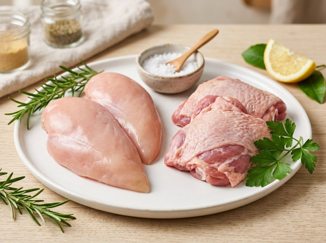 Close-up of raw chicken breast and chicken thigh pieces side by side with fresh herbs and lemon on a white surface.