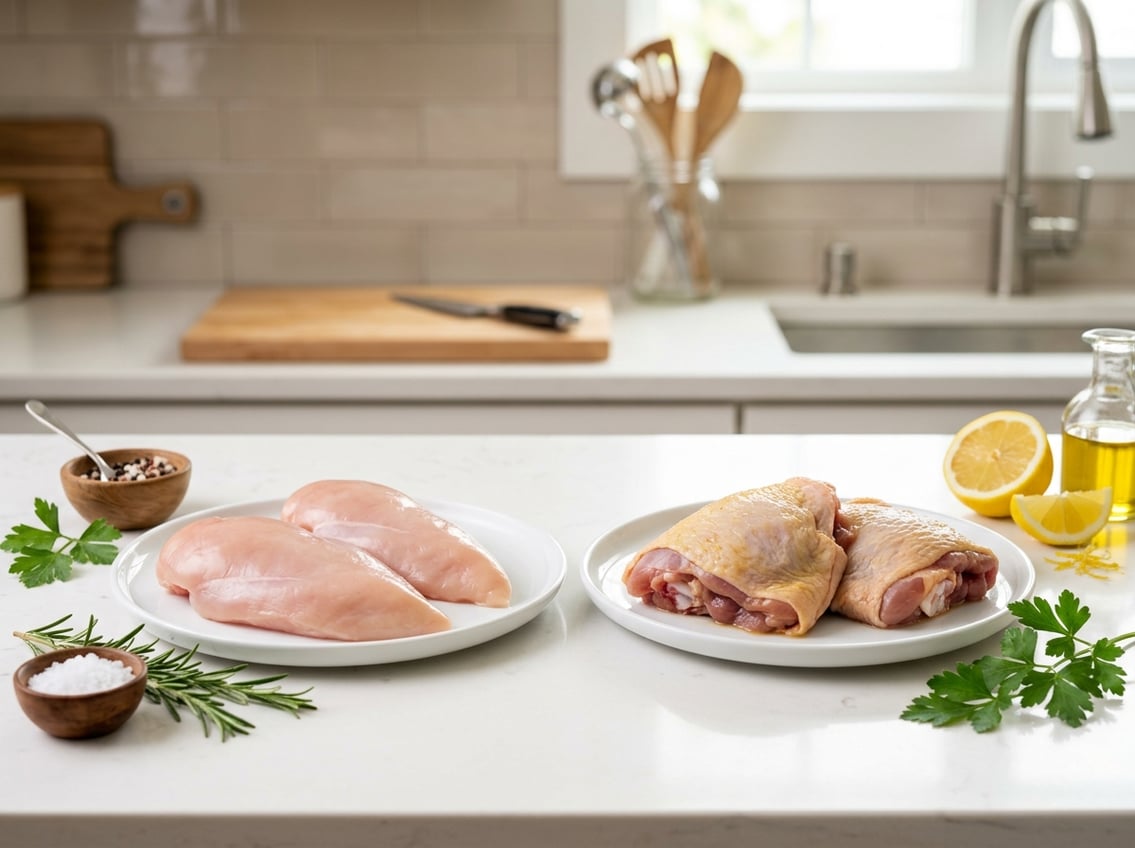 Two plates on a kitchen counter, one with raw chicken breast and the other with raw chicken thigh, surrounded by fresh herbs and cooking ingredients.