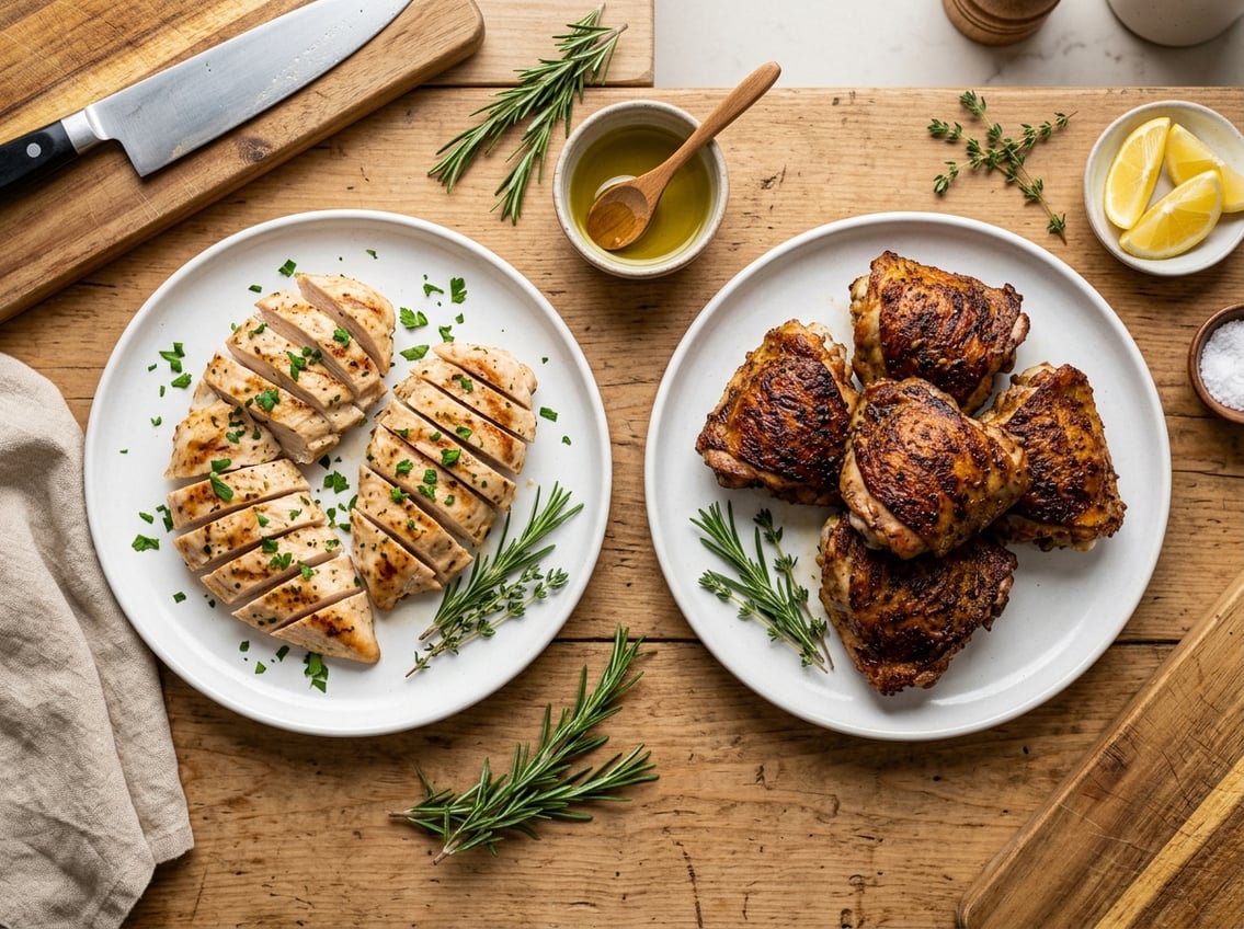 Two plates on a wooden table, one with sliced grilled chicken breast and the other with cooked chicken thighs, surrounded by herbs and lemon wedges.