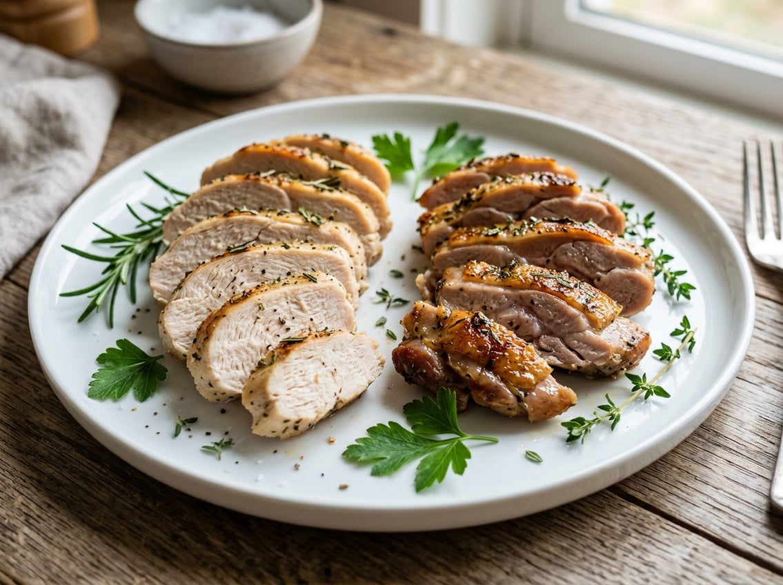 Close-up of sliced cooked chicken breast and chicken thigh on a white plate with fresh herbs on a wooden table.