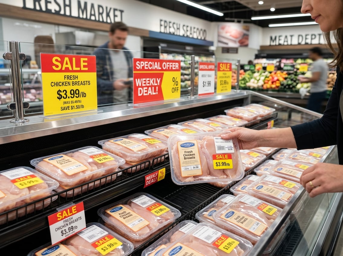 A shopper selecting packaged chicken breast with sale price tags in a grocery store meat section.