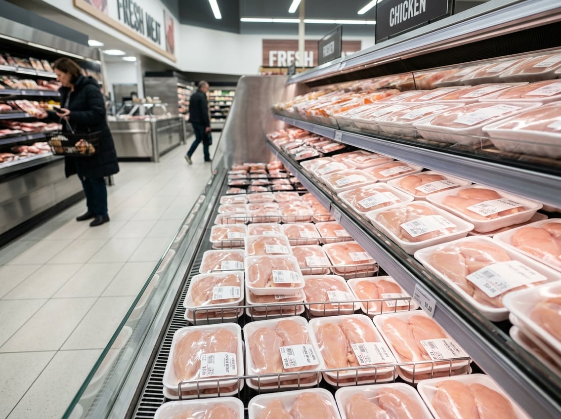 A grocery store meat section with neatly arranged packages of chicken breast on shelves and shoppers in the background.
