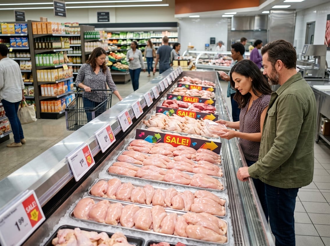 Shoppers examining fresh chicken breasts displayed in a grocery store with sale signs nearby.