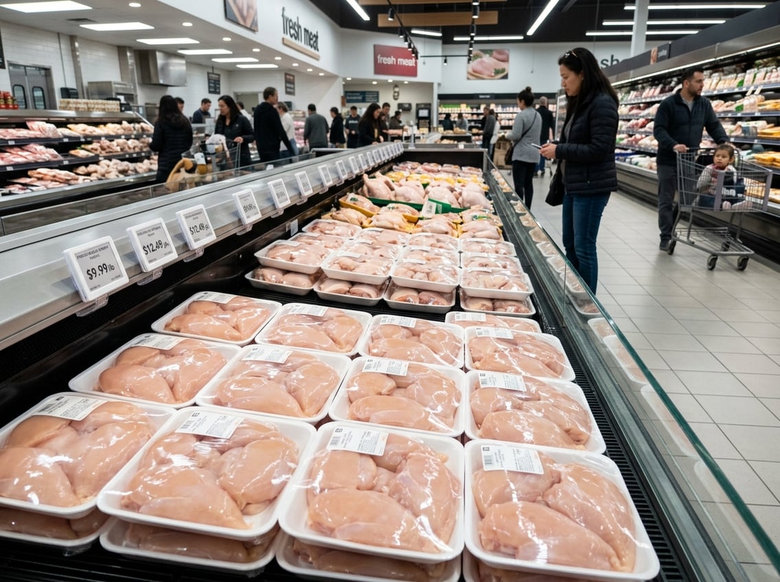 Fresh chicken breasts displayed on trays in a grocery store poultry section with shoppers browsing nearby.