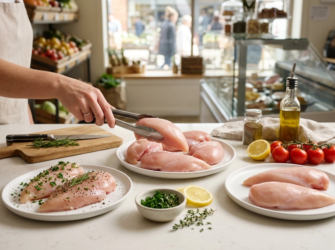 A kitchen countertop with different types of fresh chicken breasts on plates, fresh vegetables nearby, and a person selecting a piece.