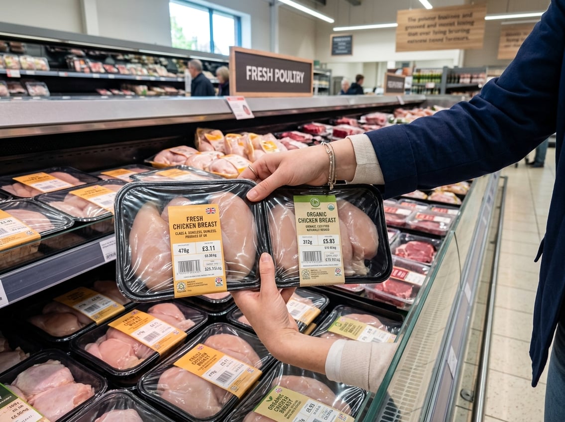 A shopper comparing two packs of fresh chicken breasts in a grocery store meat section.