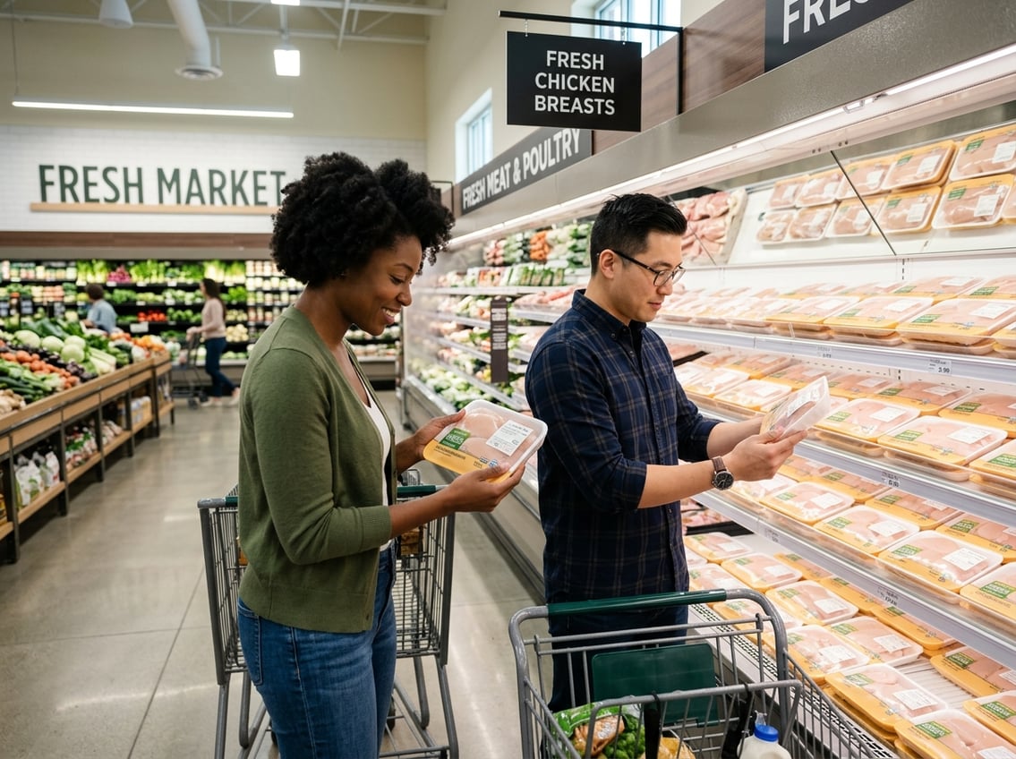Shoppers selecting fresh chicken breasts from a refrigerated display case in a grocery store.