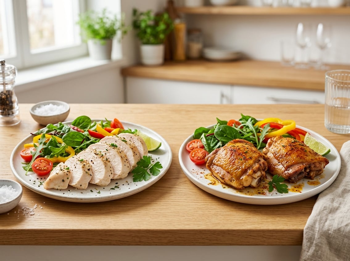 Two plates on a kitchen countertop, one with sliced chicken breast and the other with cooked chicken thighs, surrounded by fresh vegetables.