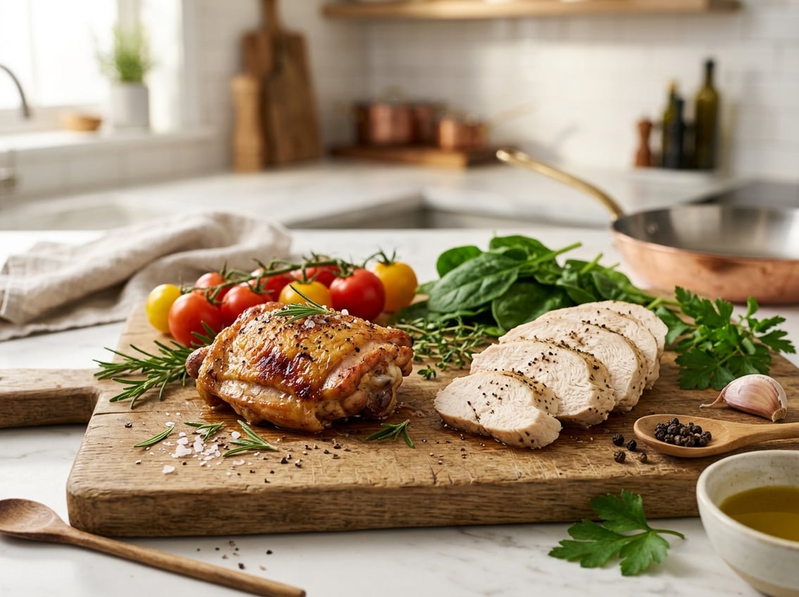 Two cooked chicken pieces, a thigh and a breast, placed on a cutting board with fresh vegetables and herbs around them.