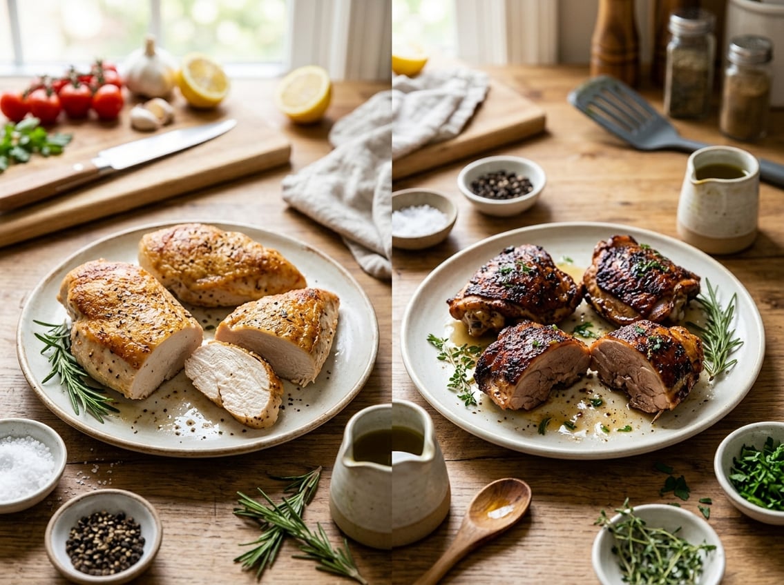Two plates on a kitchen countertop displaying cooked chicken breasts and chicken thighs with skin, surrounded by herbs and spices.