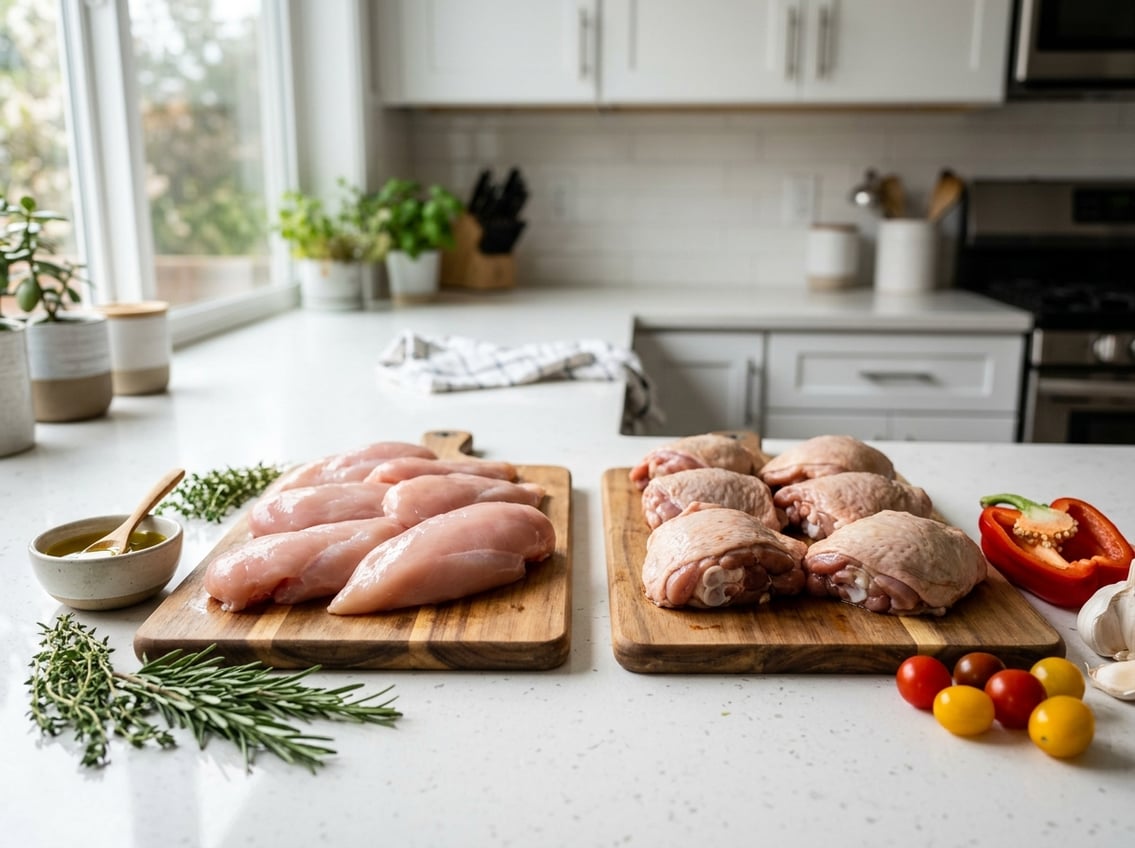 Two wooden cutting boards on a kitchen countertop with raw chicken breasts on one and raw chicken thighs on the other, surrounded by fresh herbs and vegetables.