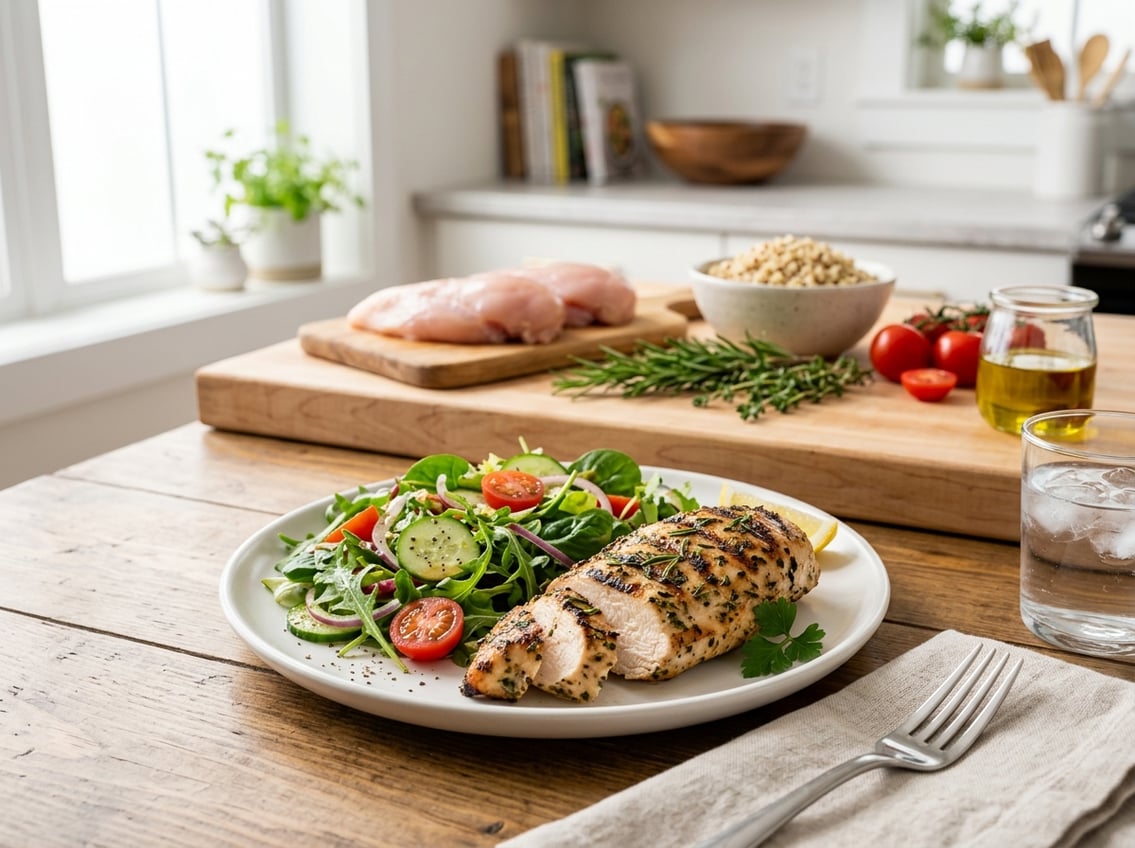 A plate with grilled chicken breast and fresh salad in a kitchen setting with fresh ingredients in the background.