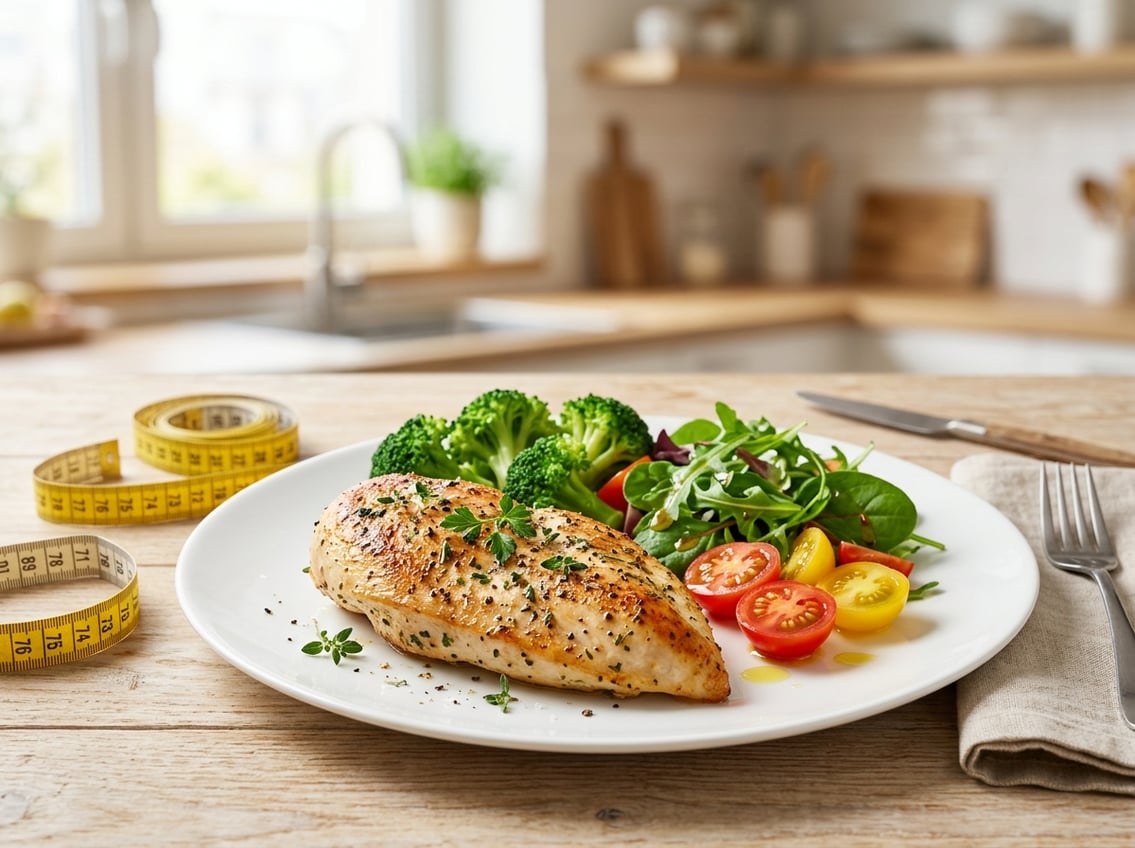 A cooked chicken breast on a plate with fresh vegetables and a measuring tape in a kitchen setting.