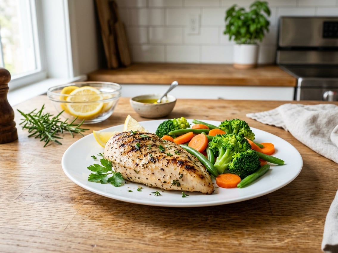 A cooked chicken breast served with steamed vegetables on a white plate in a bright kitchen setting.
