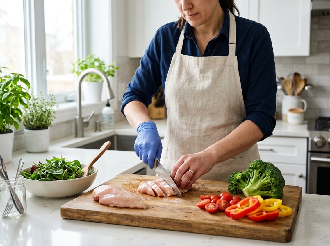 A person slicing a fresh chicken breast on a cutting board surrounded by fresh vegetables in a bright kitchen.