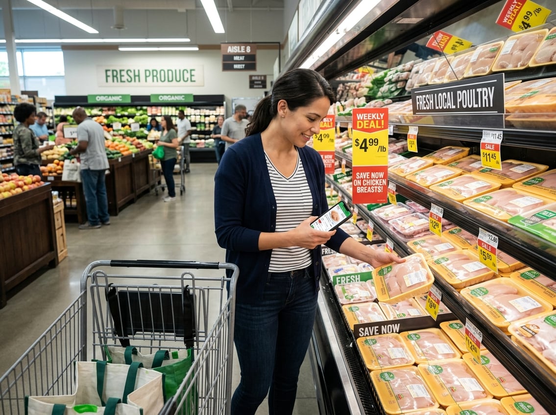 A shopper looking at packages of chicken breasts in a grocery store aisle with price tags and promotional signs.