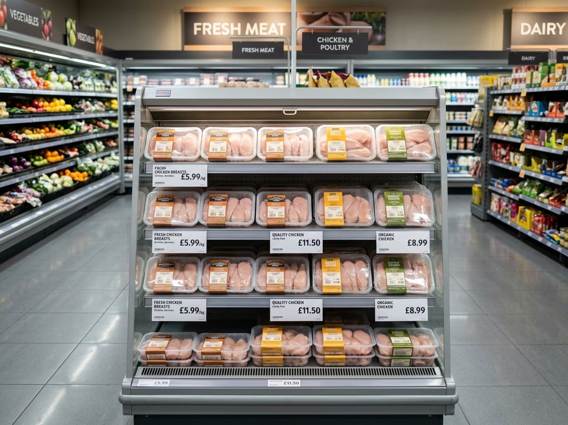 Supermarket aisle showing packaged chicken breasts on display with price tags in a clean and organized setting.