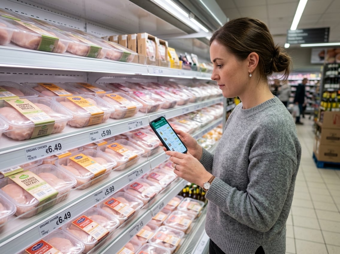 A person comparing prices on a smartphone while looking at packaged chicken breasts in a supermarket aisle.