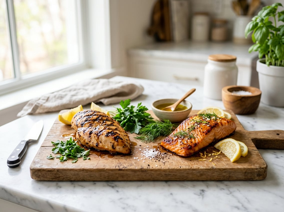 Grilled chicken breast and cooked salmon fillet on a wooden cutting board with fresh herbs and lemon slices in a bright kitchen.