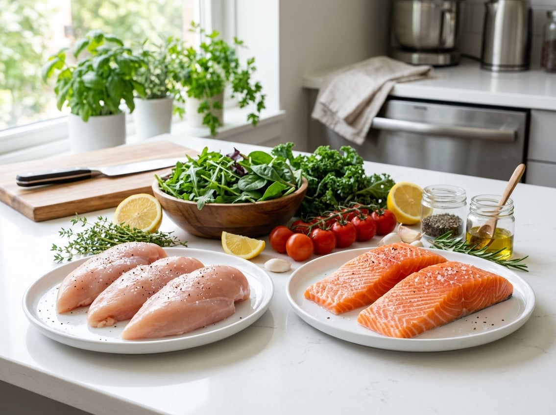 A kitchen countertop with raw chicken breasts on one plate and fresh salmon fillets on another, surrounded by fresh vegetables and lemon slices.