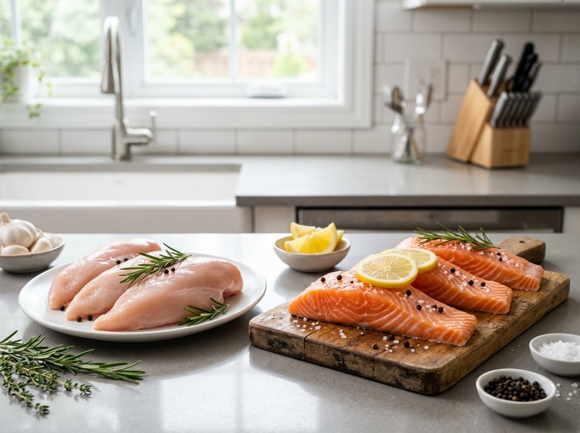 Fresh raw chicken breasts and salmon fillets displayed side by side on a kitchen countertop with fresh herbs and lemon slices.