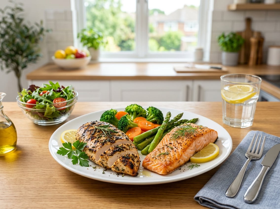 A plate with grilled chicken breast and salmon served with steamed vegetables on a kitchen table.